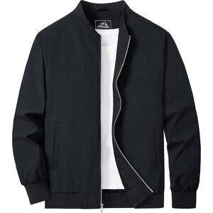 Men's Black Lightweight Casual Style Bomber Jacket Golf Coat Zip Up Pockets
